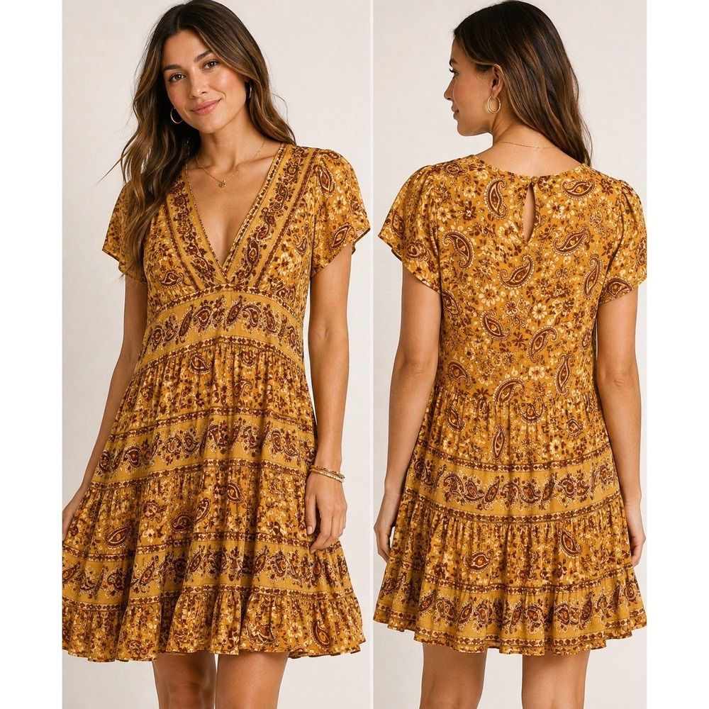 Patrons of Peace Size S 100% Rayon Paisley Floral Tiered Mini Dress Boho